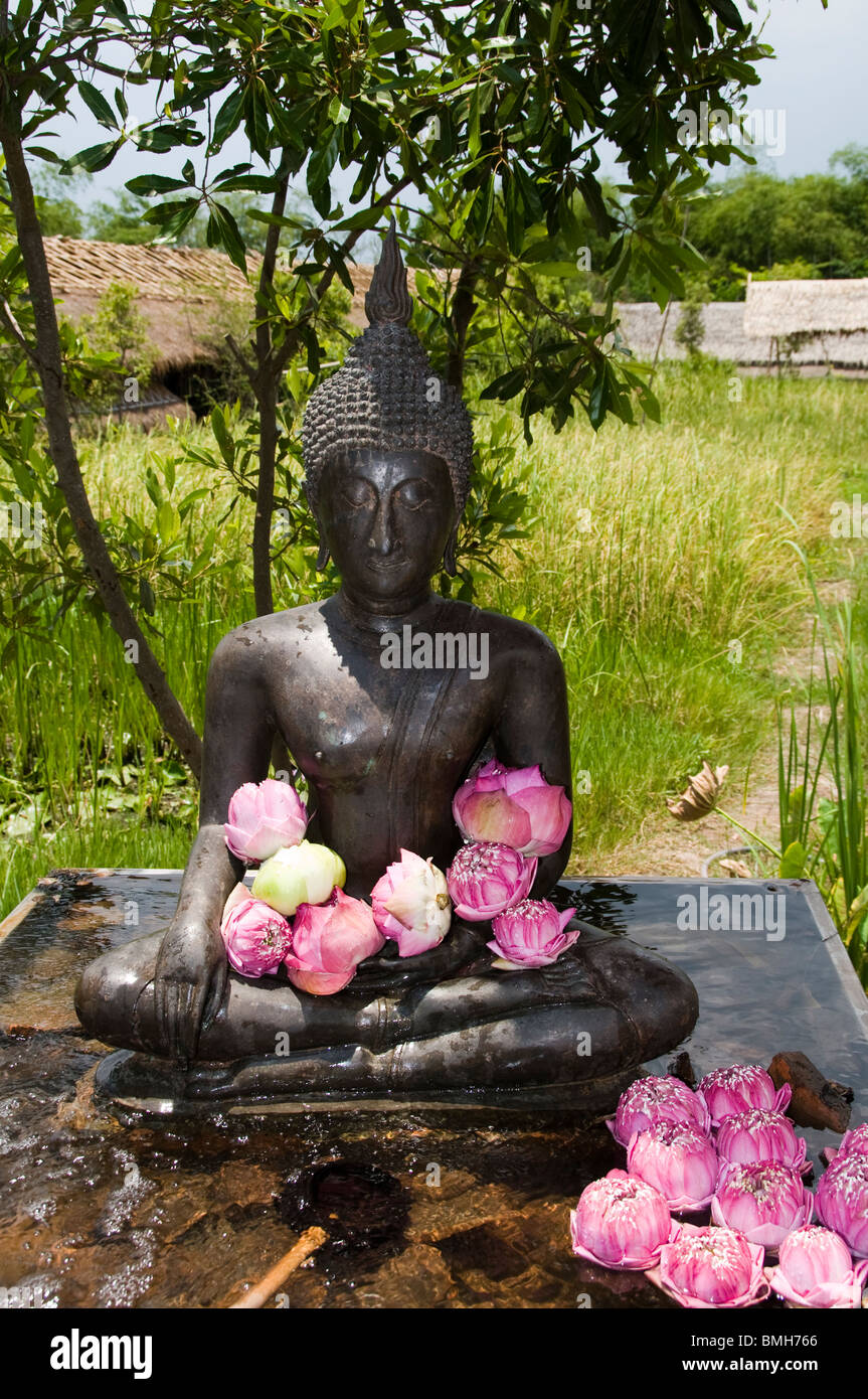 Black Buddha image with lotus flower on the lap. Stock Photo