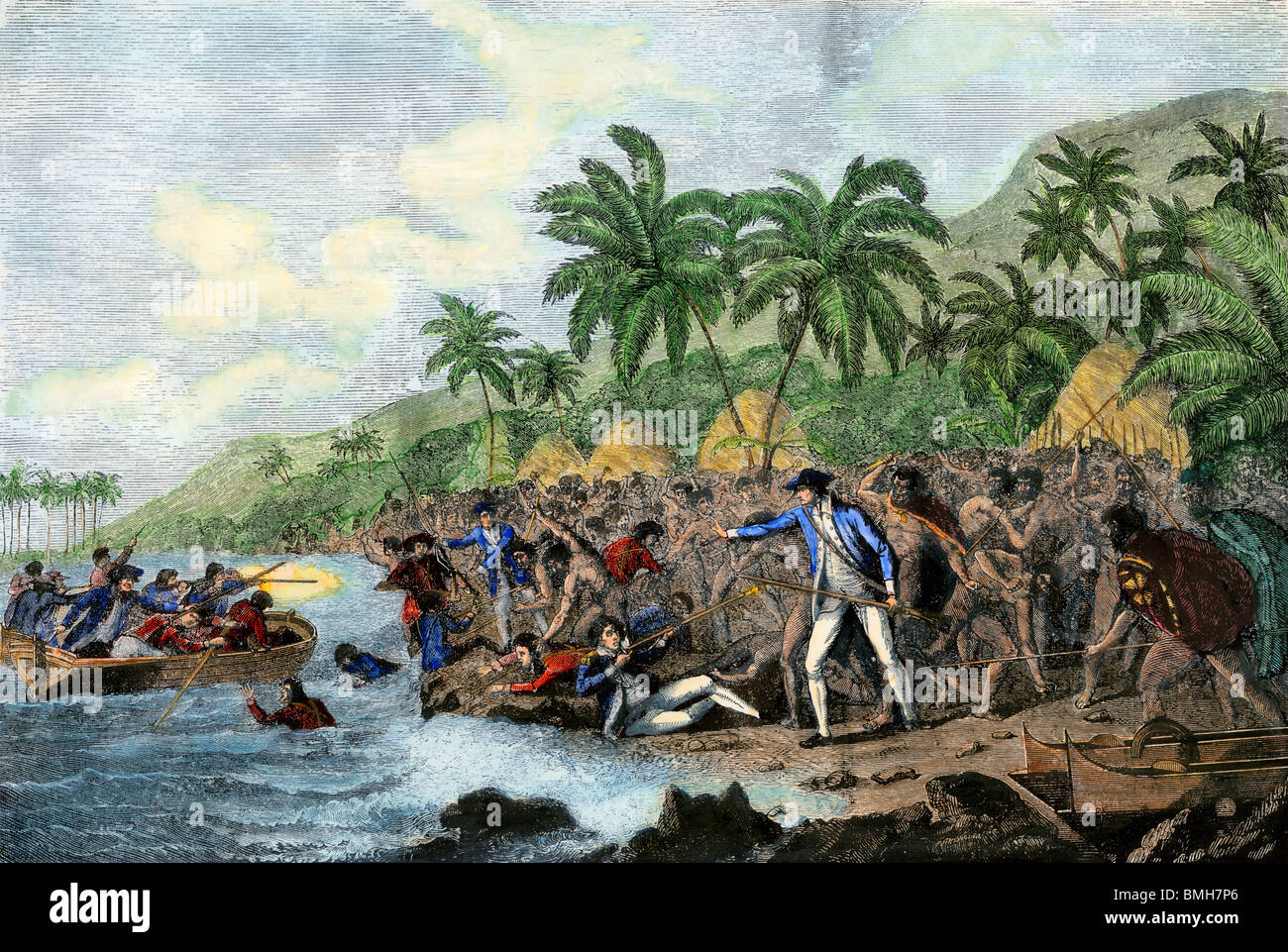 Death of English explorer Captain James Cook in the Sandwich Islands (Hawaii), 1779. Hand-colored woodcut Stock Photo