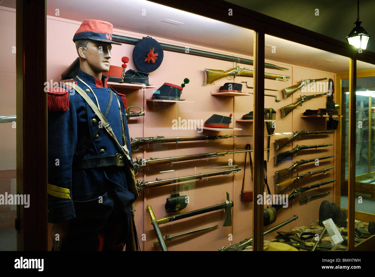 French arms, uniform and helmets used during the war against germans in 1870-1871. History museum in Belfort citadel. France Stock Photo