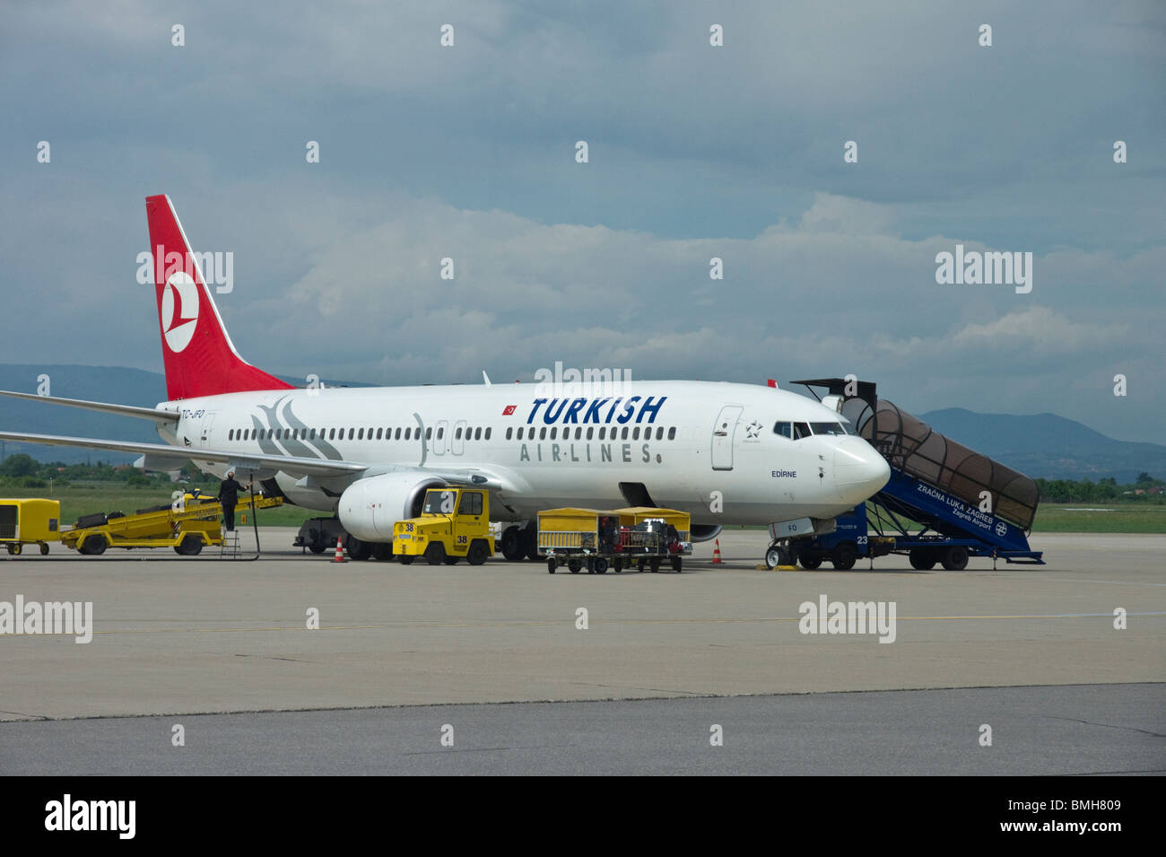 Turkish Airlines preparing to depart from Zagreb Airport Croatia Stock Photo