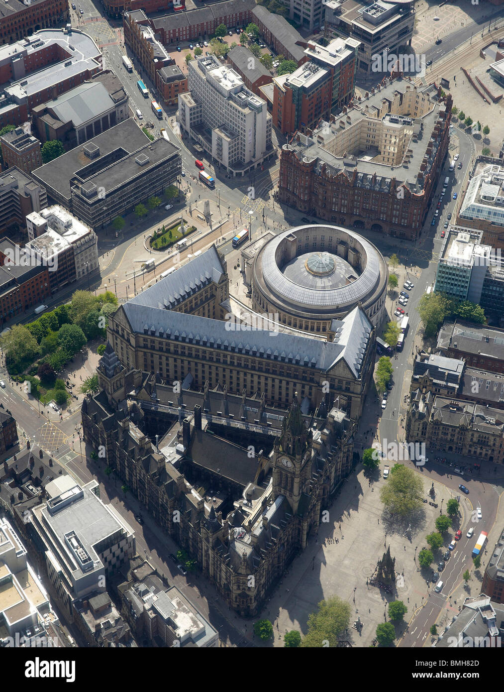 Manchester Town Hall, and Civic area,with the circular Central Library behind, from the Air, North West England Stock Photo