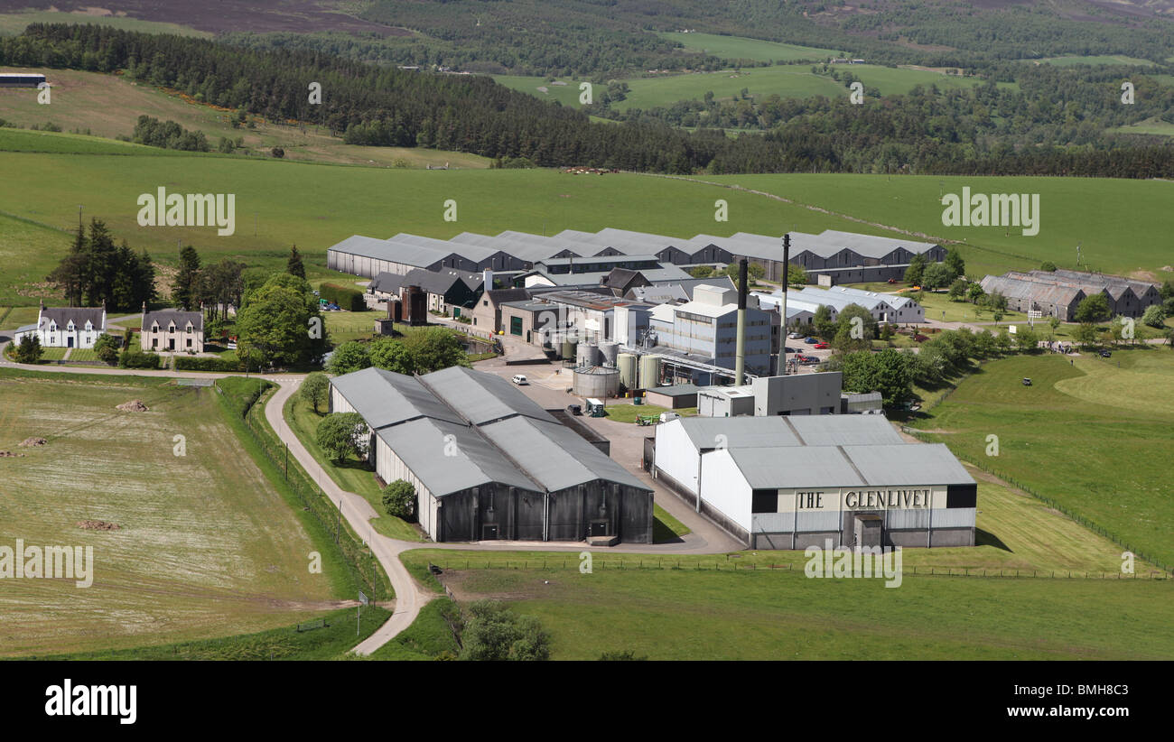 Aerial photo of the world famous Glenlivet scotch whisky distillery in the highlands of Scotland near Ballindalloch on Speyside Stock Photo