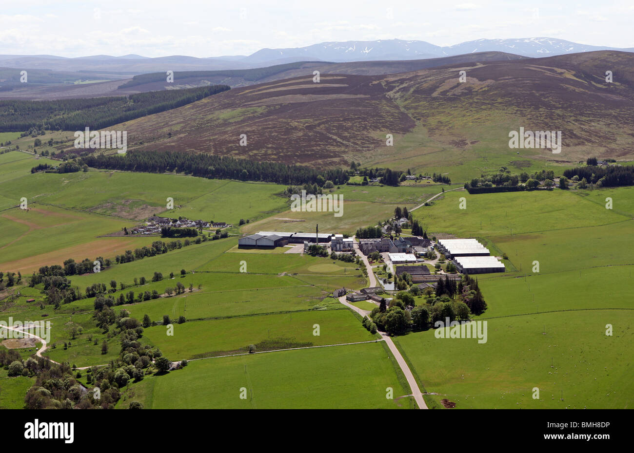 Aerial photo of the world famous Glenlivet scotch whisky distillery in the highlands of Scotland near Ballindalloch on Speyside Stock Photo