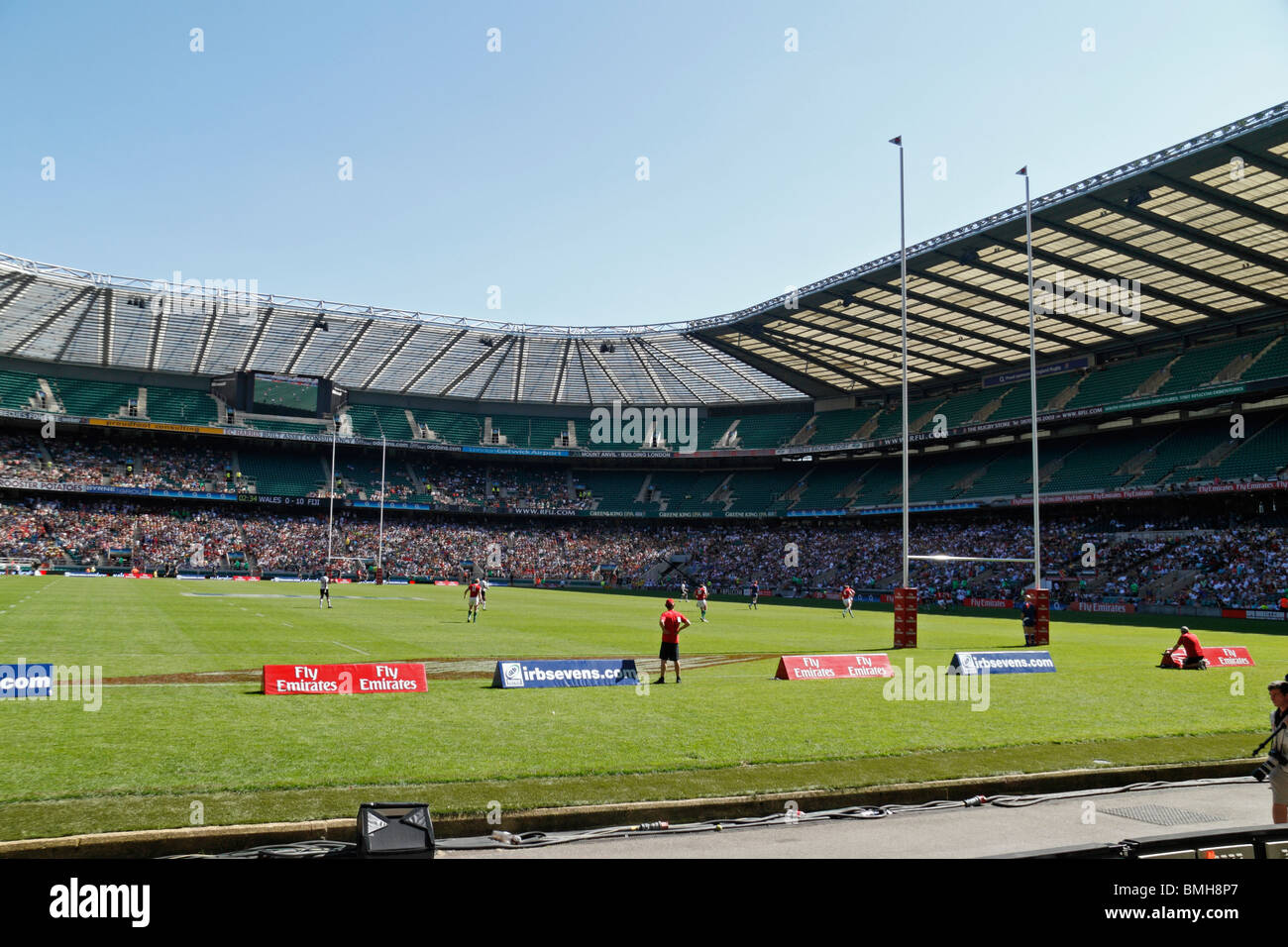 A pitchside view of  Twickenham rugby stadium, home of English International rugby, in south west London, UK Stock Photo