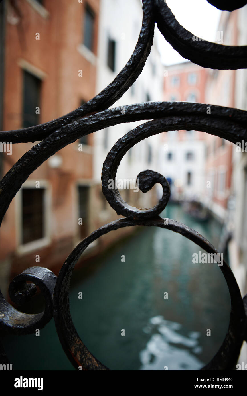 Beautiful wrought iron metal work on a bridge in Venice, Italy Stock Photo