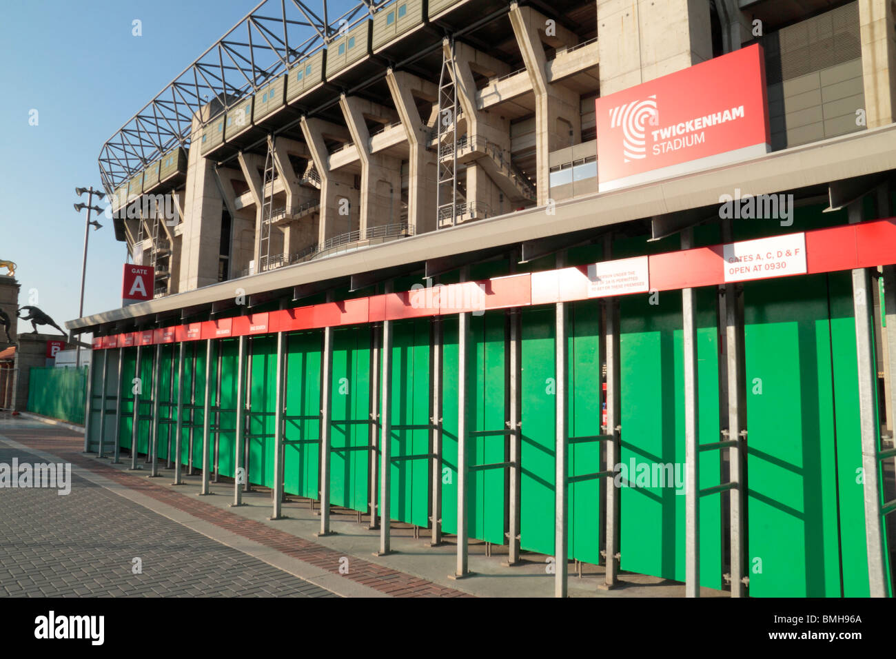 Turnstiles to the West Stand, Twickenham Rugby Stadium, home of English International rugby, in SW London, UK.. August 2009. Stock Photo