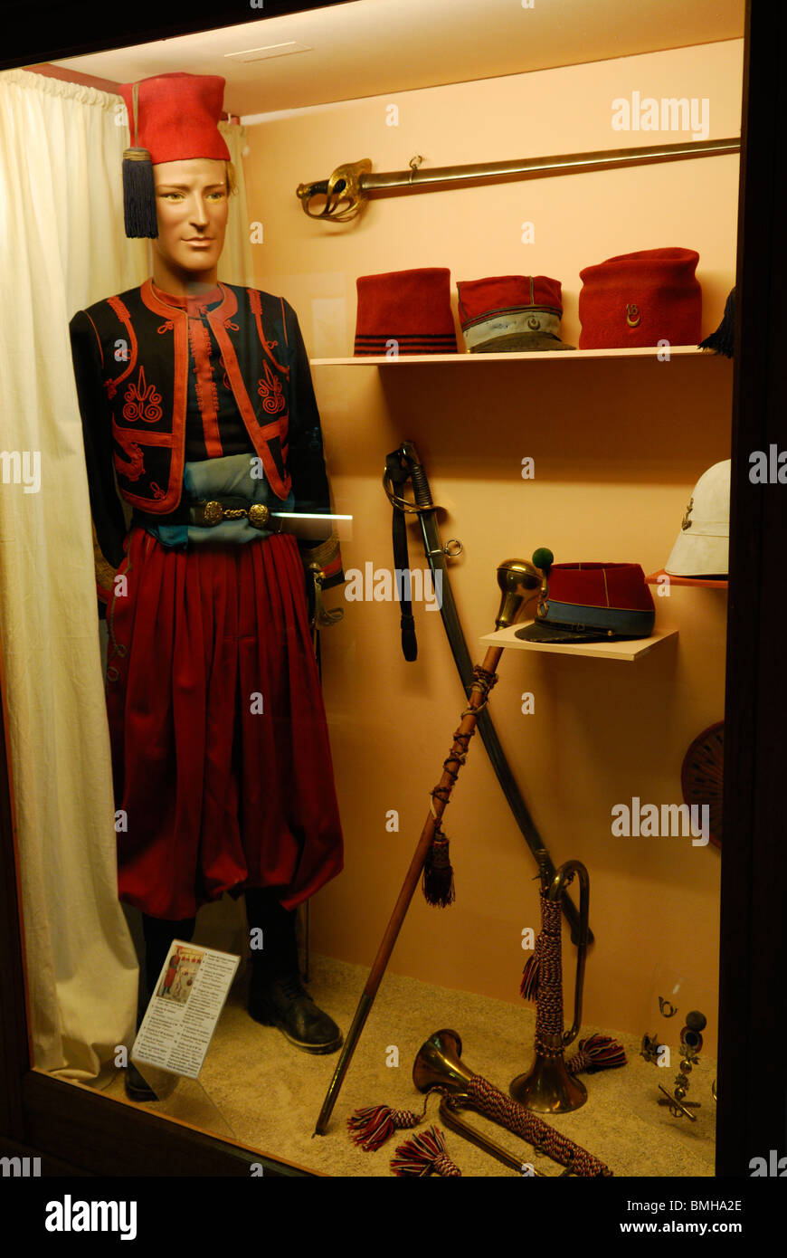 Soldier uniform, equipment and arms of french army used by colonial troops at the end of 19th century. History museum, Belfort Stock Photo