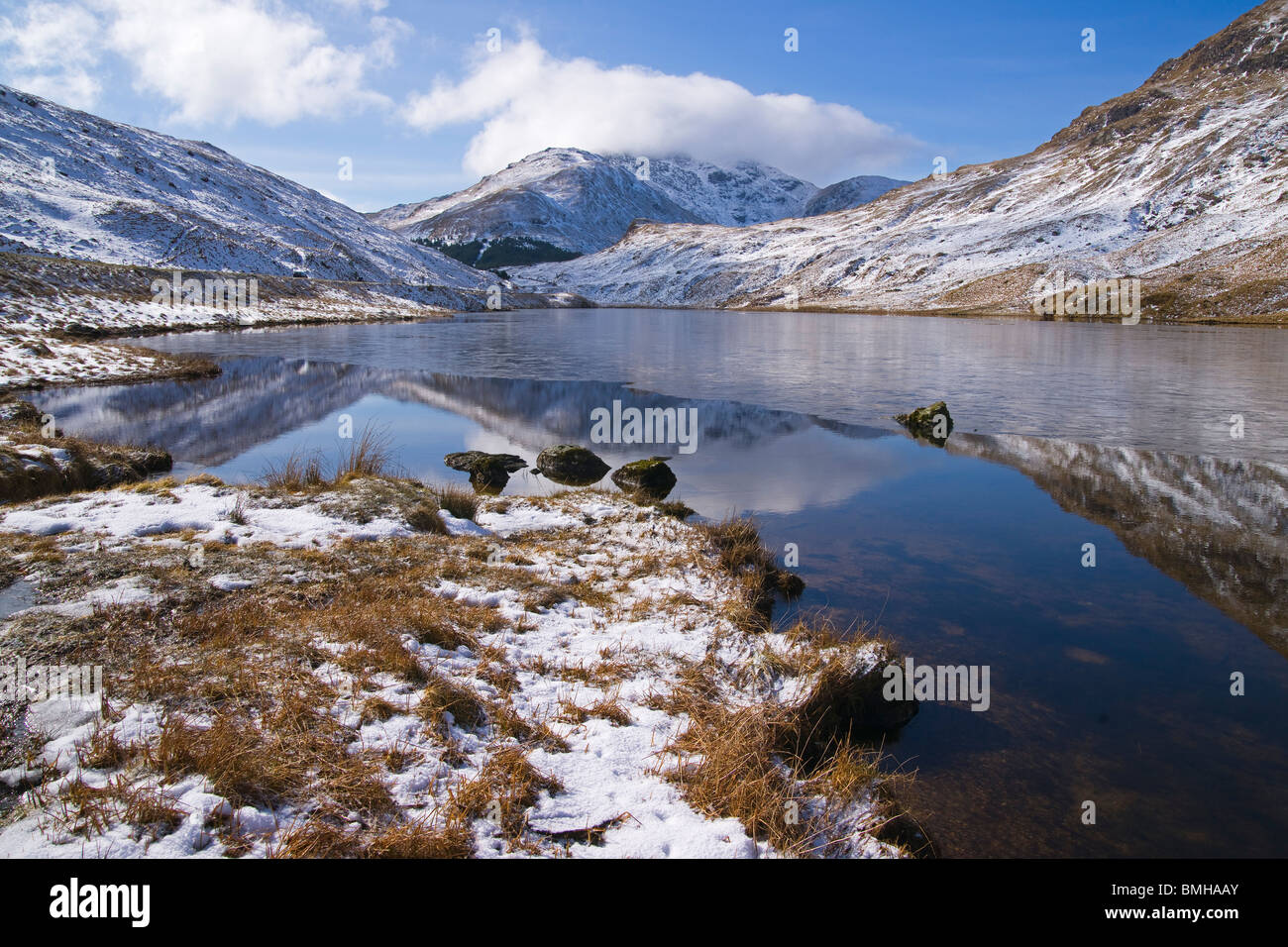 Snow  and ice, Loch Restil, Rest and be thankful, Arrochar, Argyll, Scotland Stock Photo