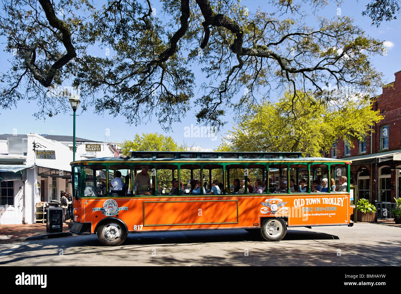 Old Town Trolley filled with Tourists in Downtown Savannah, Stock Photo Alamy
