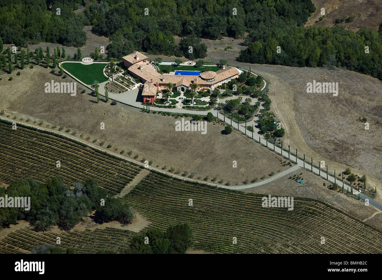 aerial view above vineyard residence estate Sonoma county California Stock Photo
