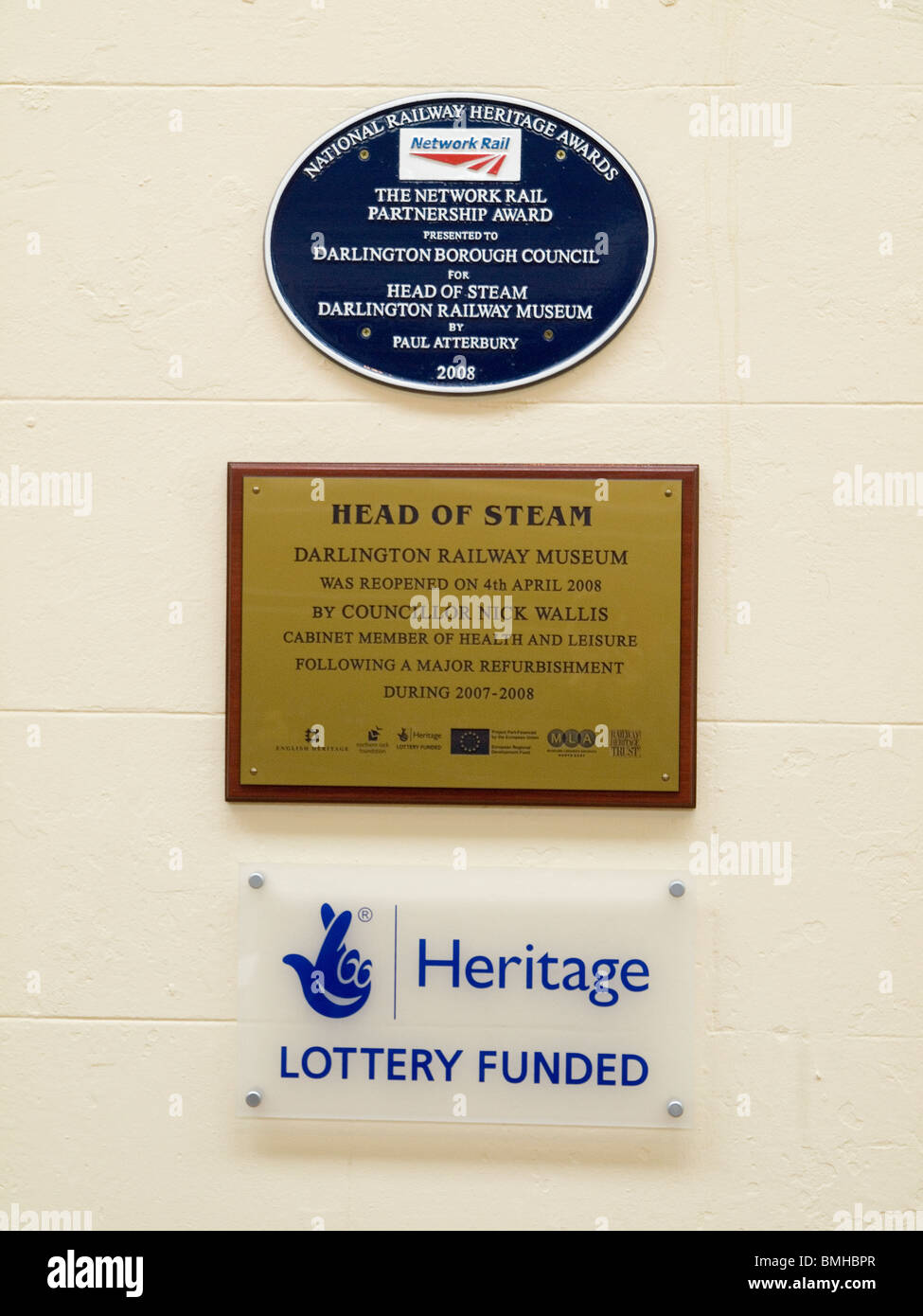 Commemorative plaques for the refurbishment and reopening of 'Head of Steam' the Darlington Railway Museum in April 2008 Stock Photo