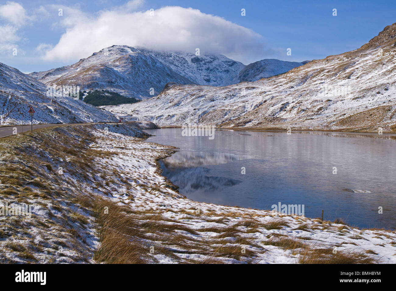 Snow and ice, Loch Restil, Rest and be thankful, Arrachar, Argyll, Scotland Stock Photo