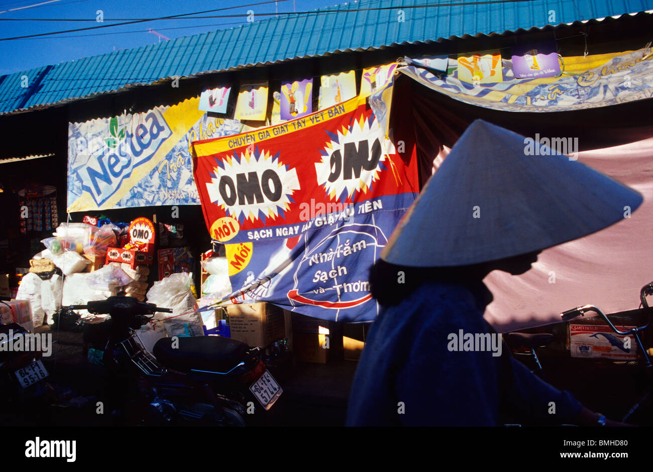 Market shop at Vinh Long city . Mekong Delta .Vietnam . Stock Photo