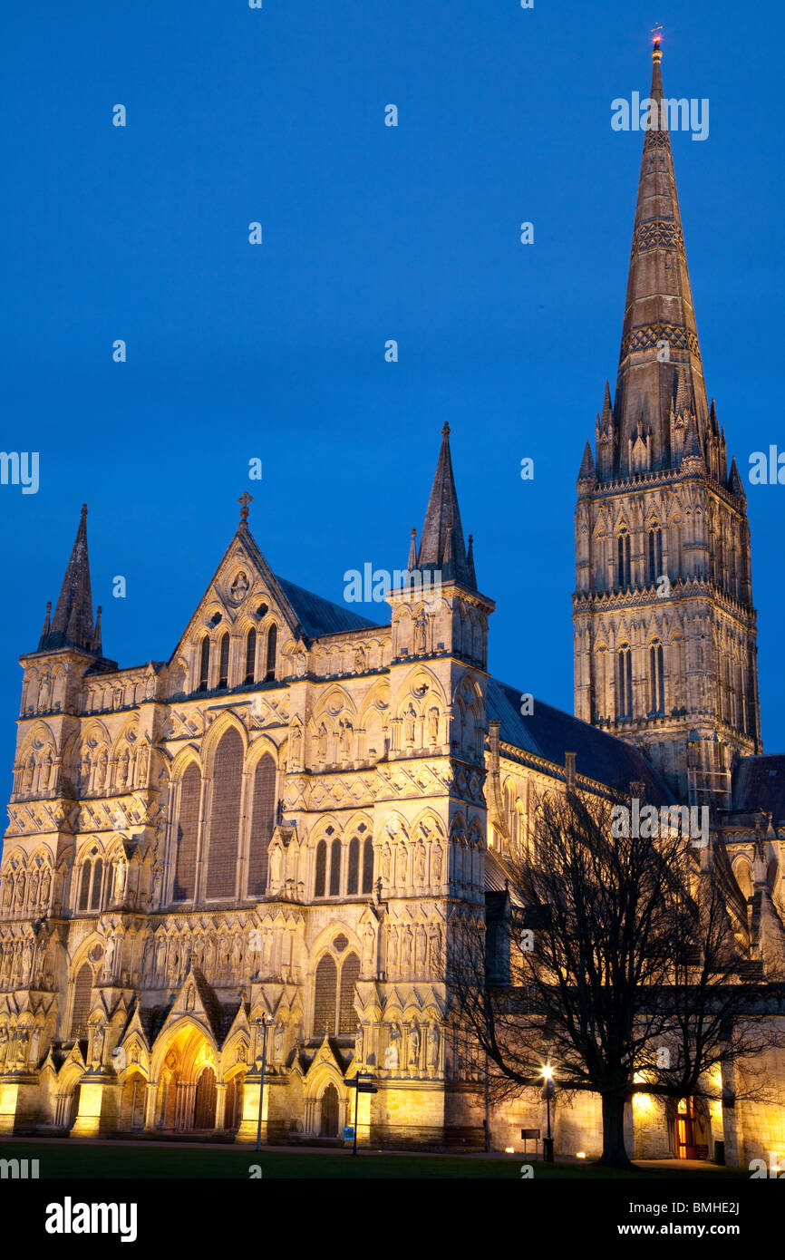 A view of Salisbury Cathedral illuminated at Night Stock Photo