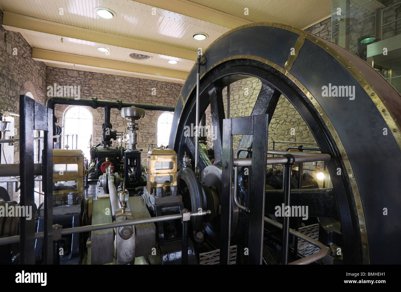 New Lanark - Robert Owen's utopian industrial village in Scotland. 1911 Petrie horizontal twin-tandem steam engine Stock Photo