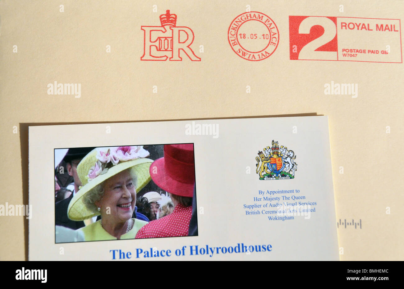 Envelope  and letter of invitation to Queens garden party at Holyroodhouse in Edinburgh  from Buckingham palace. Stock Photo