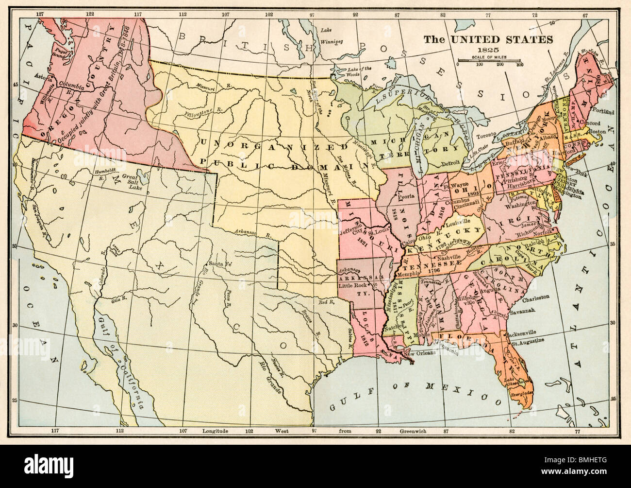 Map of the United States and Unorganized Public Lands in 1825. Color lithograph Stock Photo