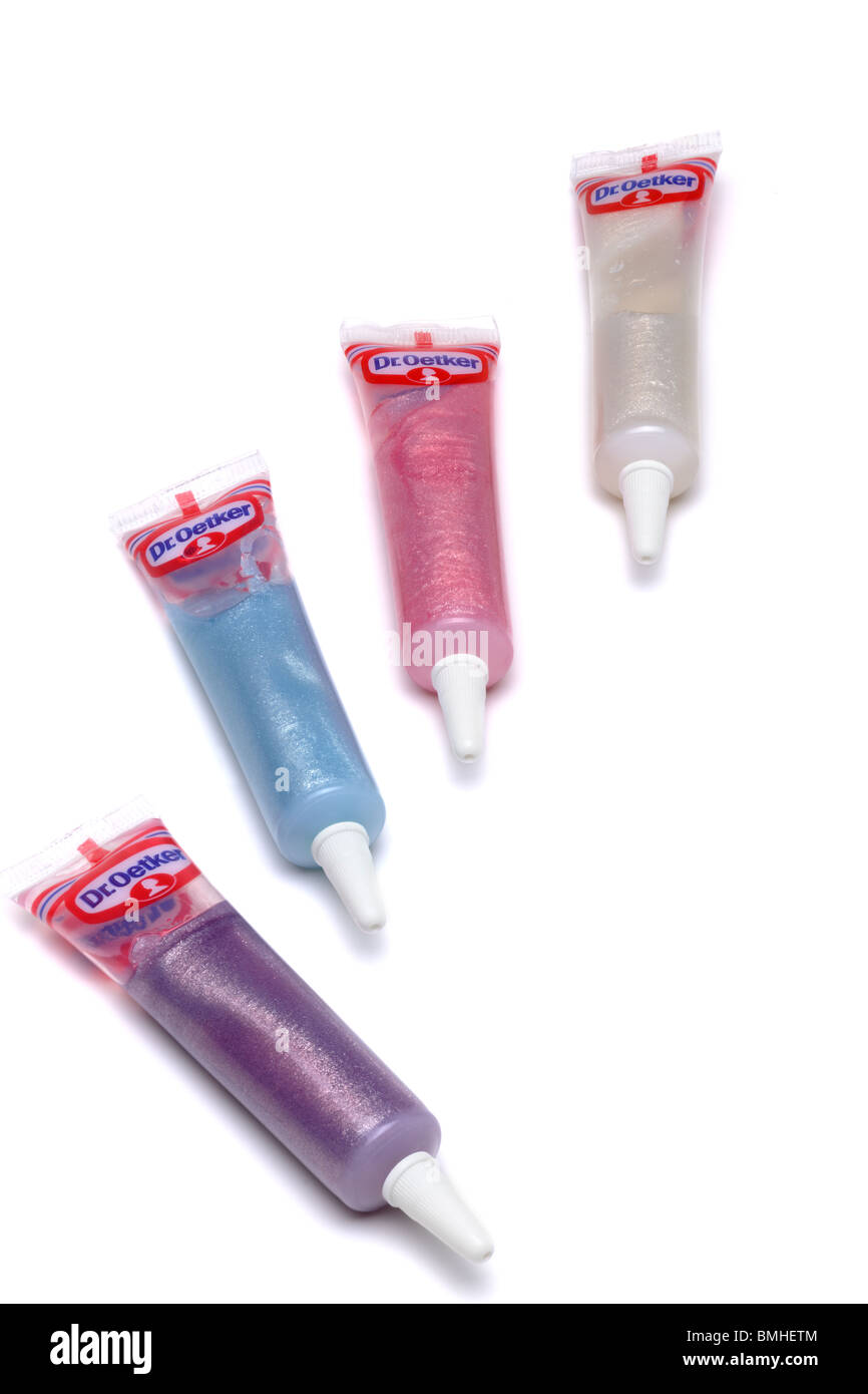 Four plastic tubes of DR Oetker couloured icing gels Stock Photo