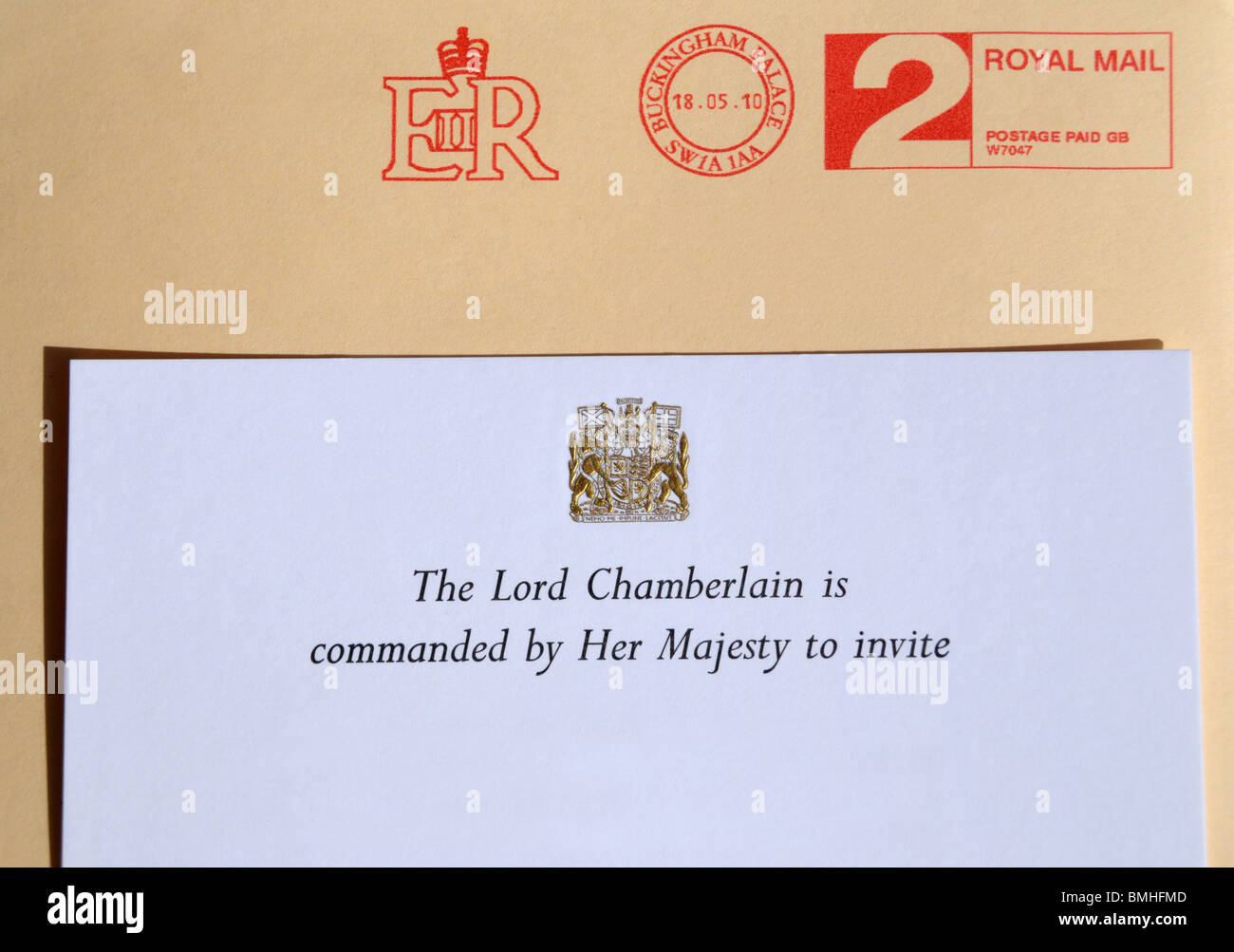 Envelope  and letter of invitation to Queens garden party at Holyroodhouse in Edinburgh  from Buckingham palace. Stock Photo