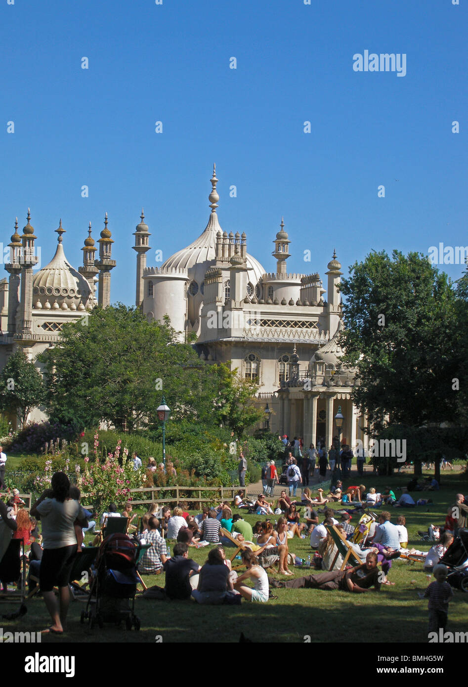 The Royal Pavilion viewed from the Pavilion Lawns, Brighton, East Sussex, England, UK, Great Britain Stock Photo