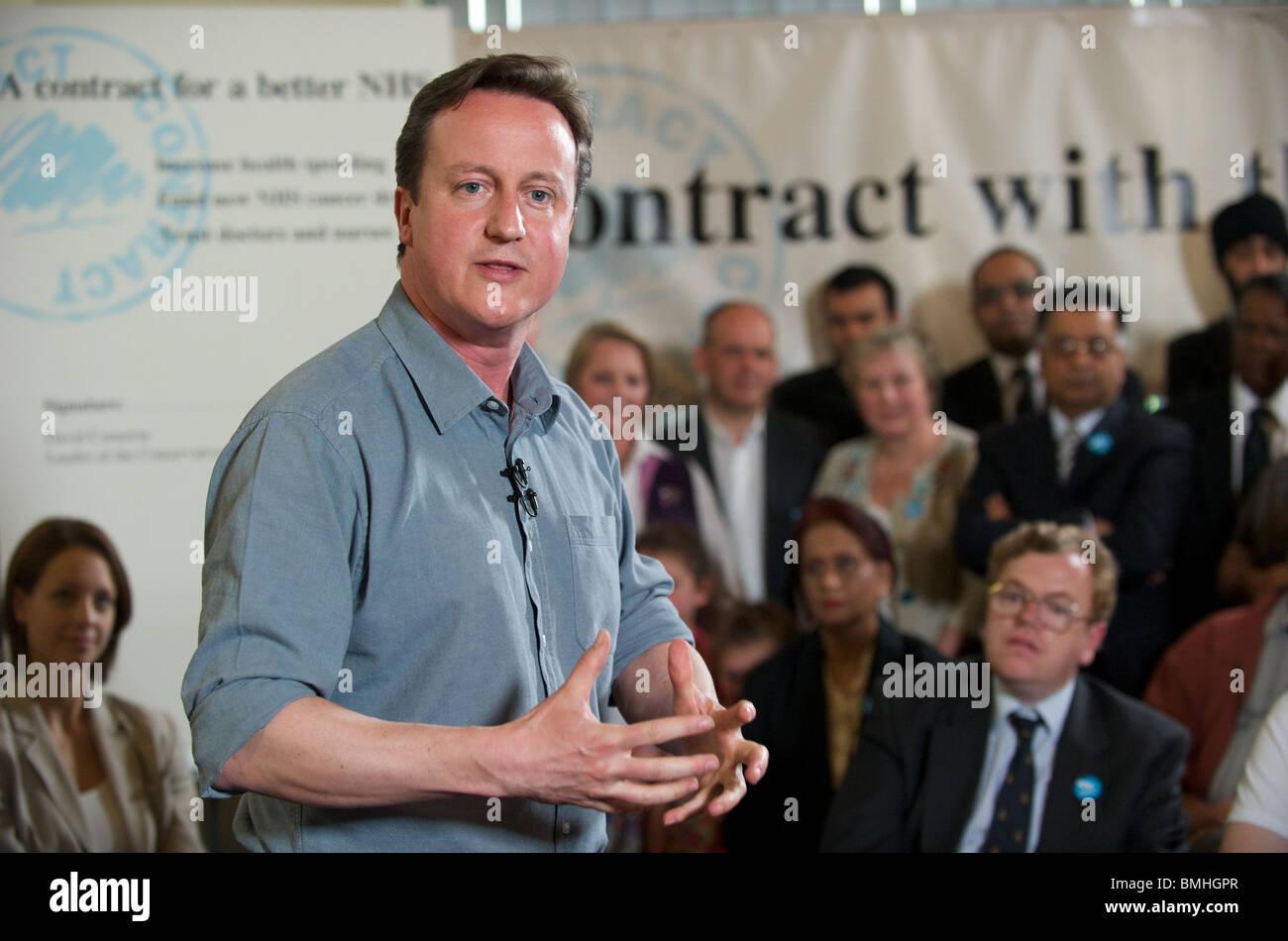 Britain's opposition Conservative Party leader, David Cameron, visits Rush Green Medical centre in Dagenham, Essex, UK. Stock Photo