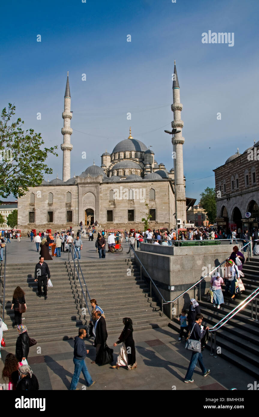 Istanbul Eminonu Galata bridge waterfront Mosque Yeni Camil Meydani Eminonu Stock Photo