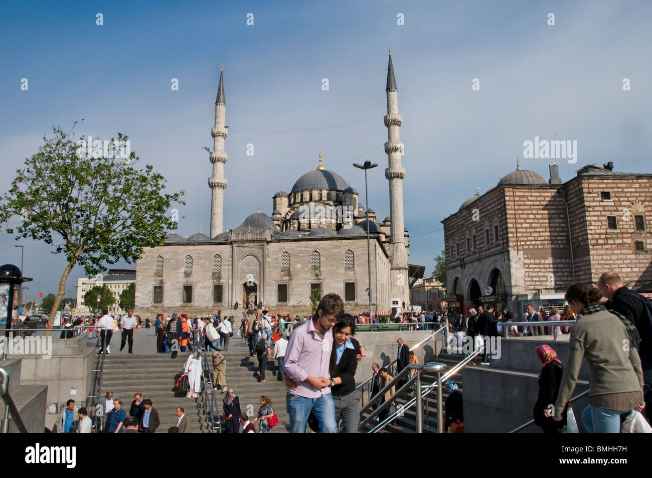 Istanbul Eminonu Galata bridge waterfront Mosque Yeni Camil Meydani Eminonu Stock Photo