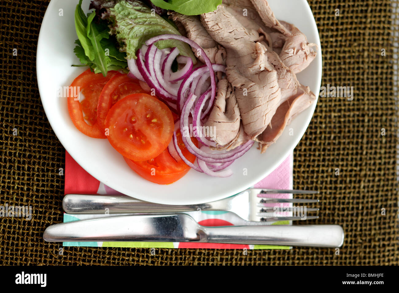 Fresh Cold Roast Beef Salad With No people And A Clipping Path Stock Photo