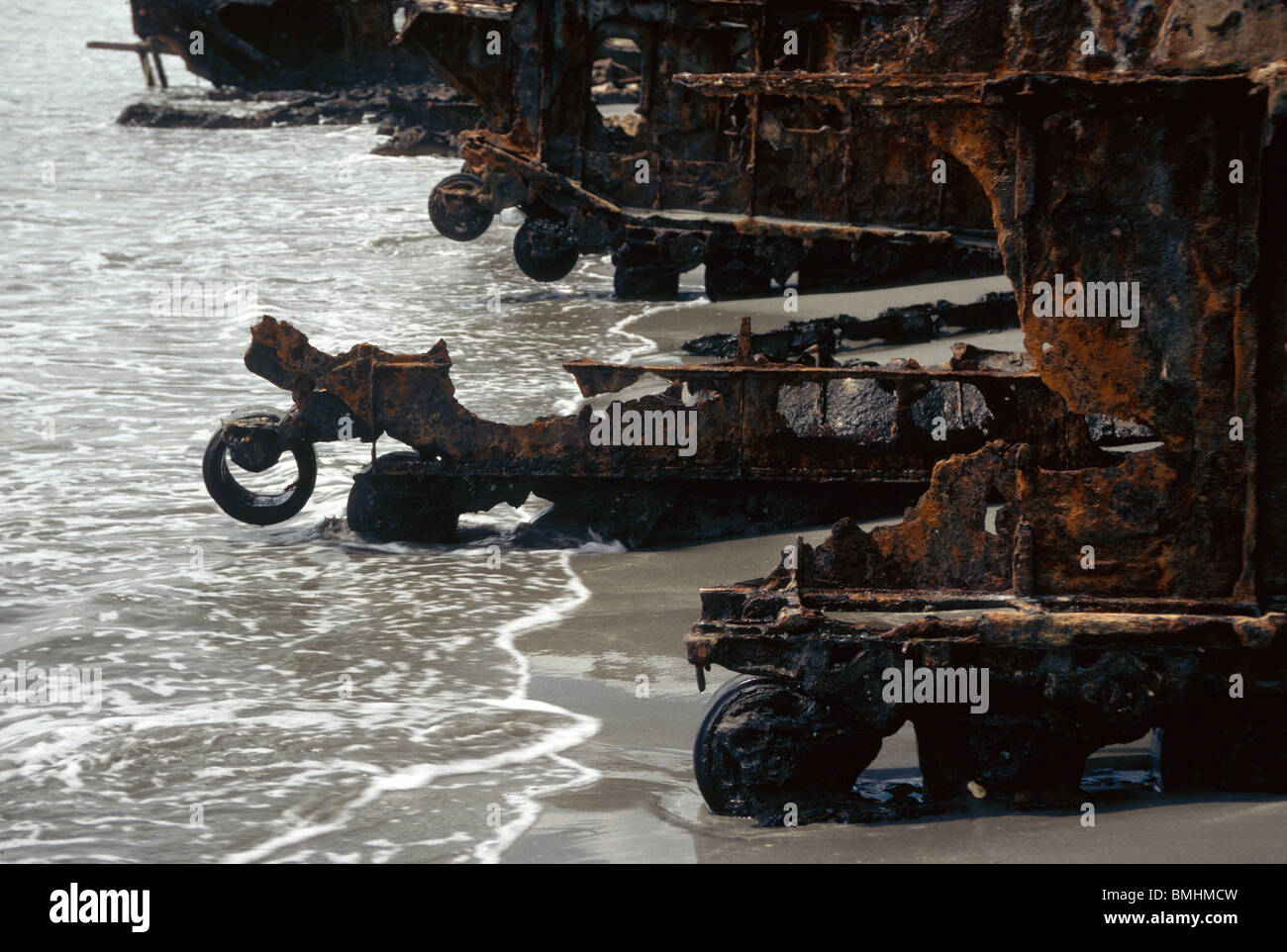 General MacArthur's rusting tanks on Hamadi beach, Nr Jayapura, West papua Stock Photo