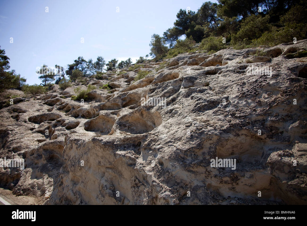 Honeycomb rock formation, effect of erosion, near Alcala. Marina Alta region of Alicante, Spain 106274 Spain10 Stock Photo