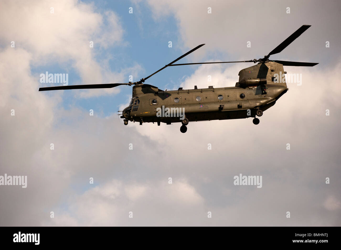 RAF Chinook helicopter on training exercise over British countryside Stock Photo
