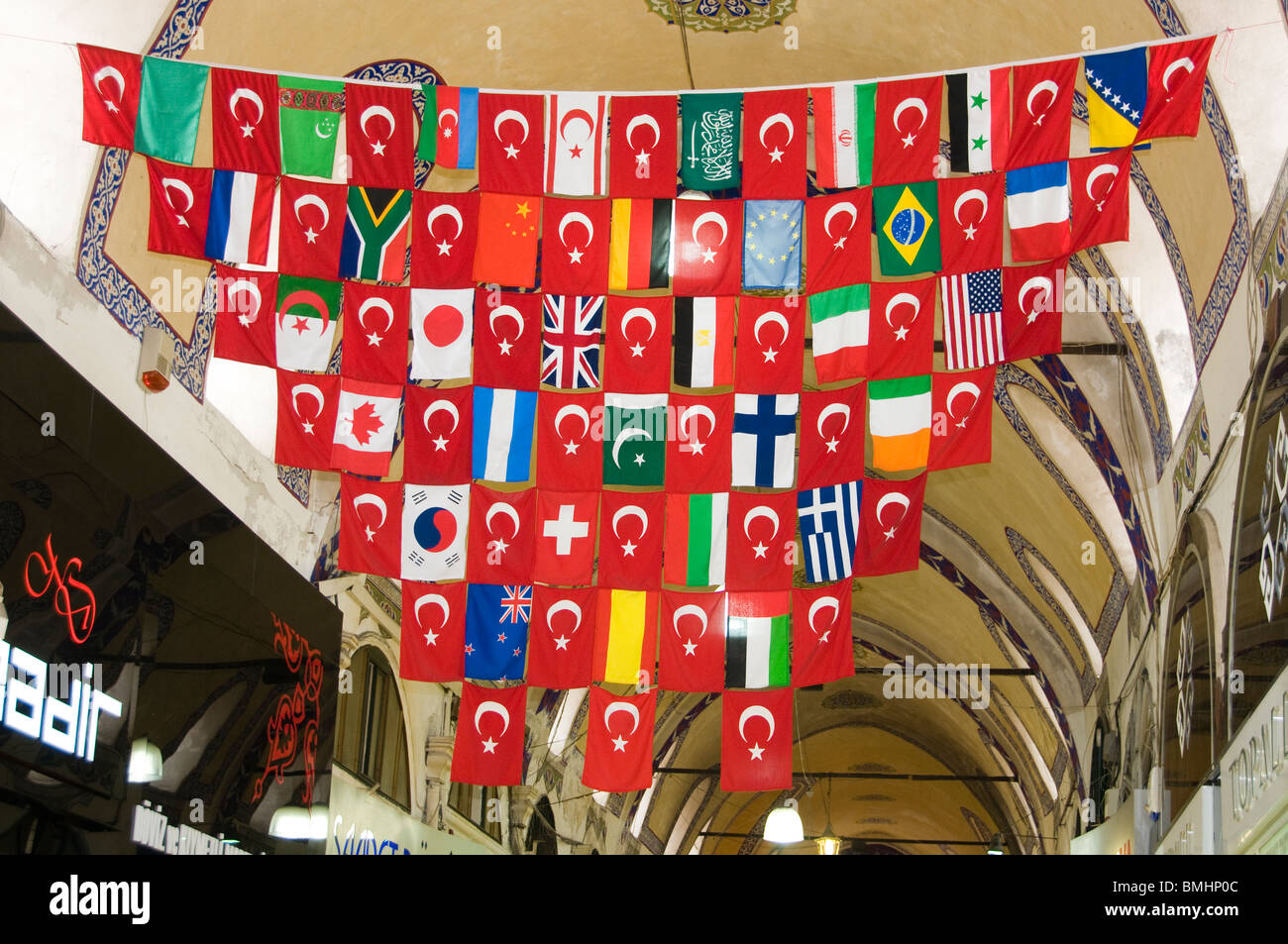 Istanbul Grand Bazaar Turkey Kapali Carsi Kapalıcarsı Istanbul Flag flags Stock Photo