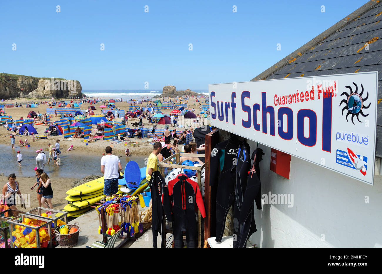 a surf school shop on the beach at perranporth in cornwall, uk Stock Photo