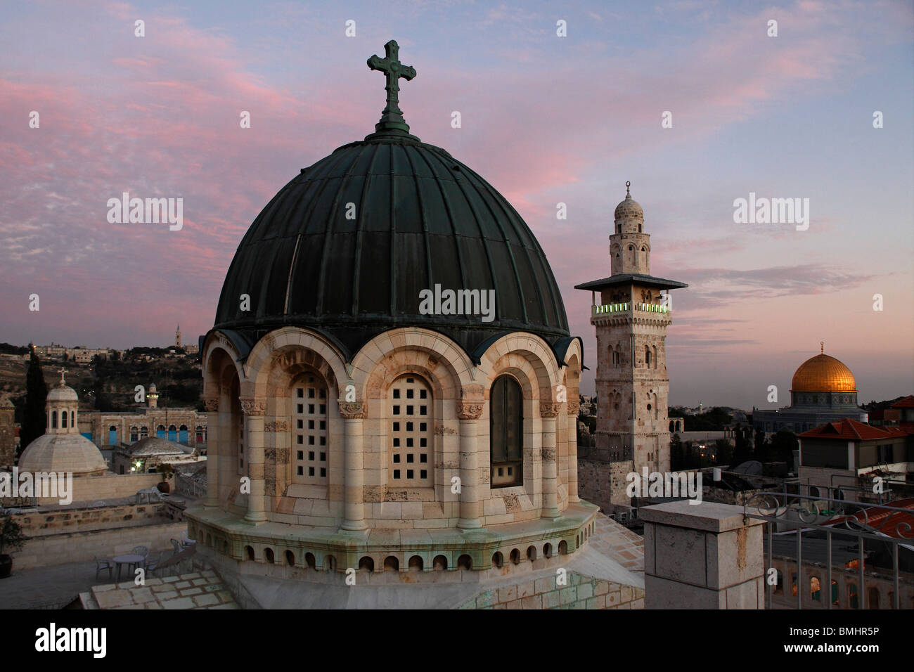 Israel,Jerusalem,Ecce Homo church,Minaret,Dome of the Rock,Ecce Homo Basilica,Bab el Ghawanimeh Mosque,Old city Stock Photo