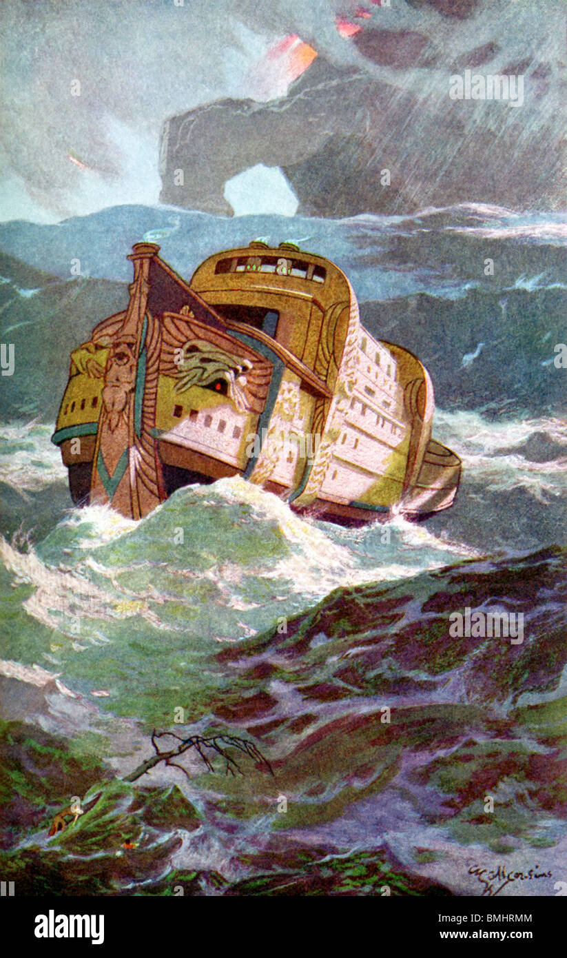 The boat built by Utnapishtim reels about in the flood waters. send by the gods. The tale was included in the epic of Gilgamesh Stock Photo - Alamy