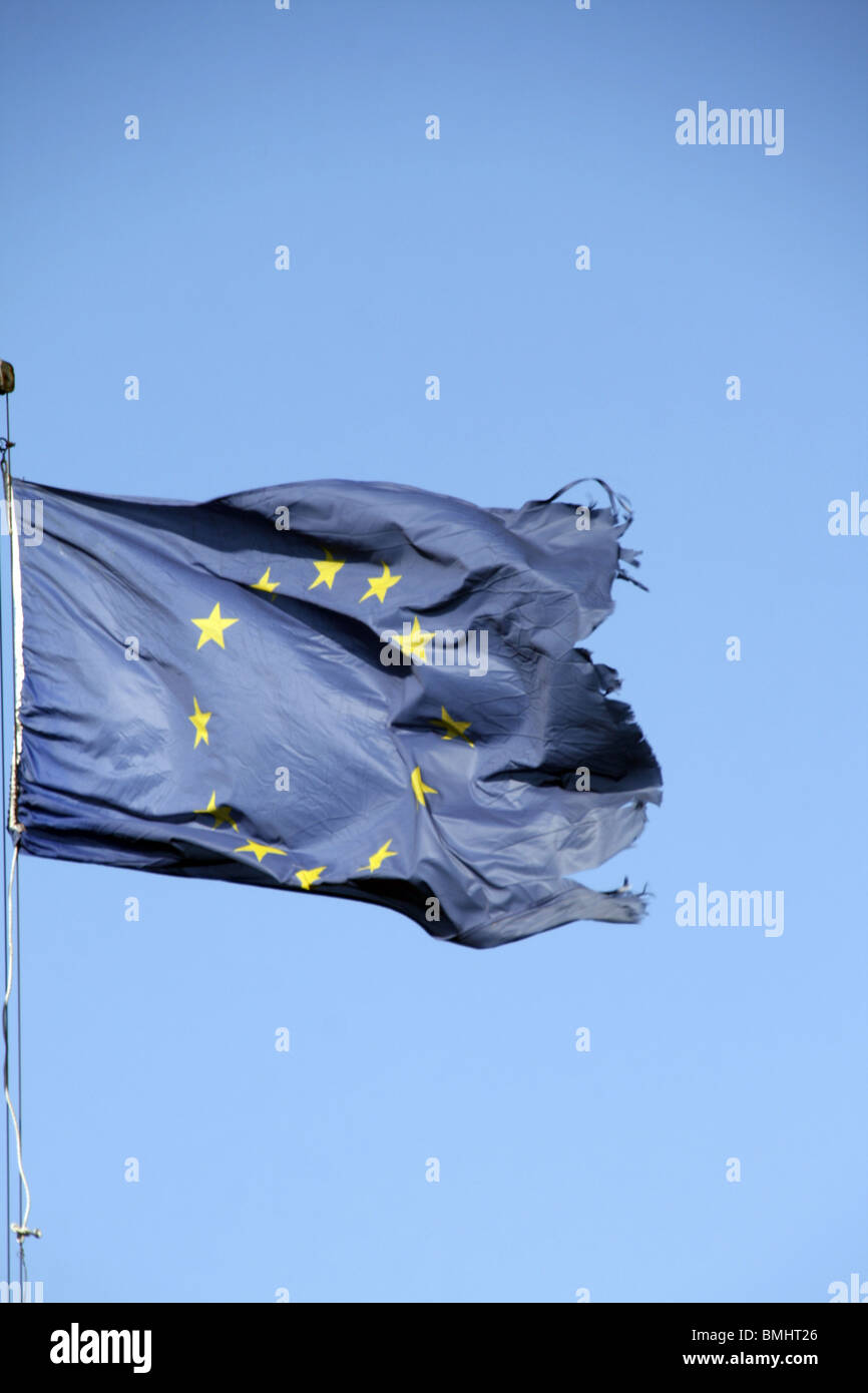 one european union flag flying in the wind in sun Stock Photo - Alamy