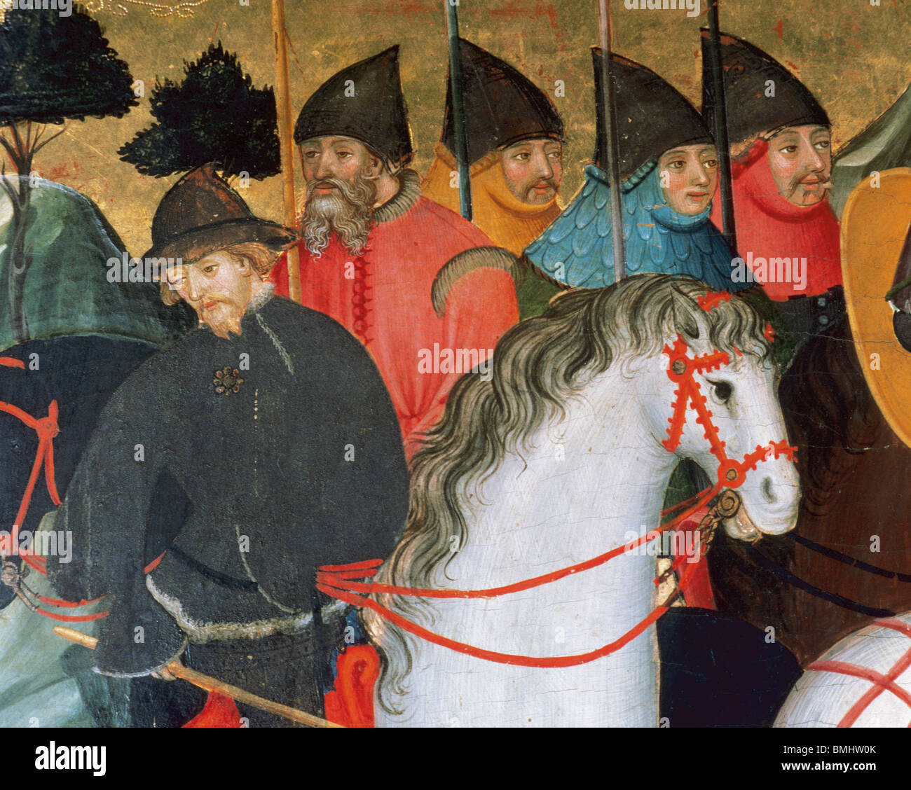 Soldiers and cavalry. Detail from the Altarpiece of the Virgin and St. George by Lluís Borrassa. Catalonia. Spain. Stock Photo