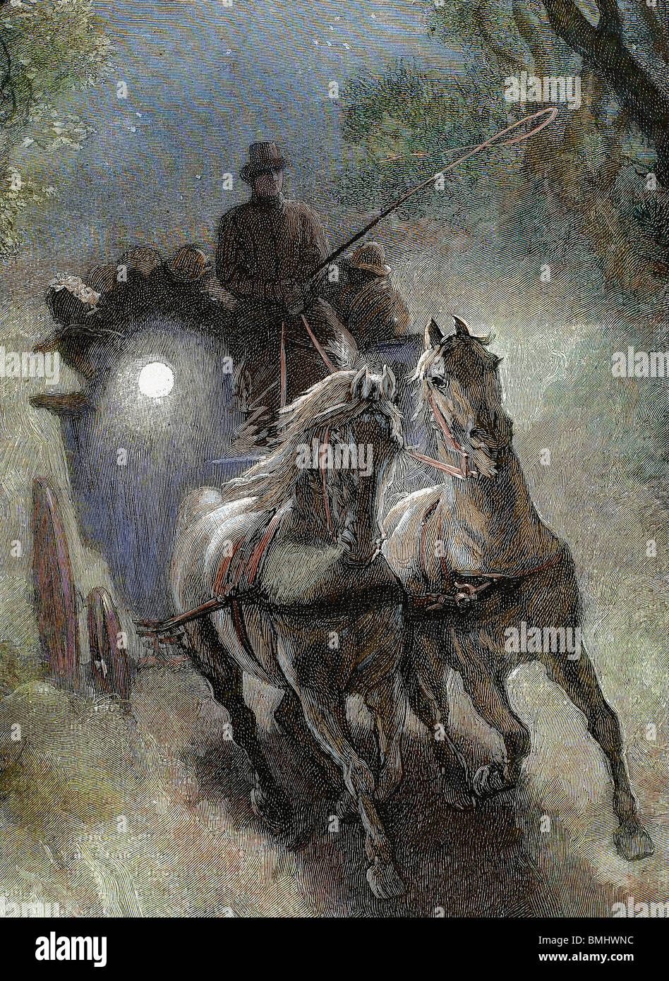 Stagecoach. 19th century engraving. Coloured. Stock Photo