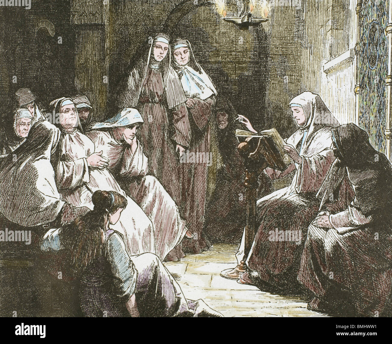Cloistered nuns. Gospel reading. 19th-century colored engraving. Stock Photo