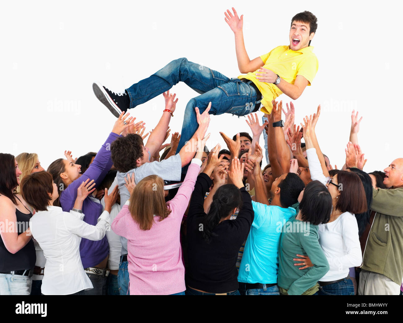 group of people carrying man Stock Photo Alamy