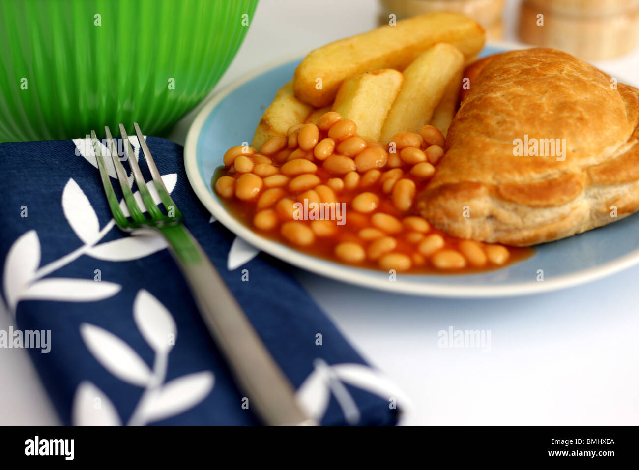Cornish Pasty with Chips and Beans Stock Photo Alamy