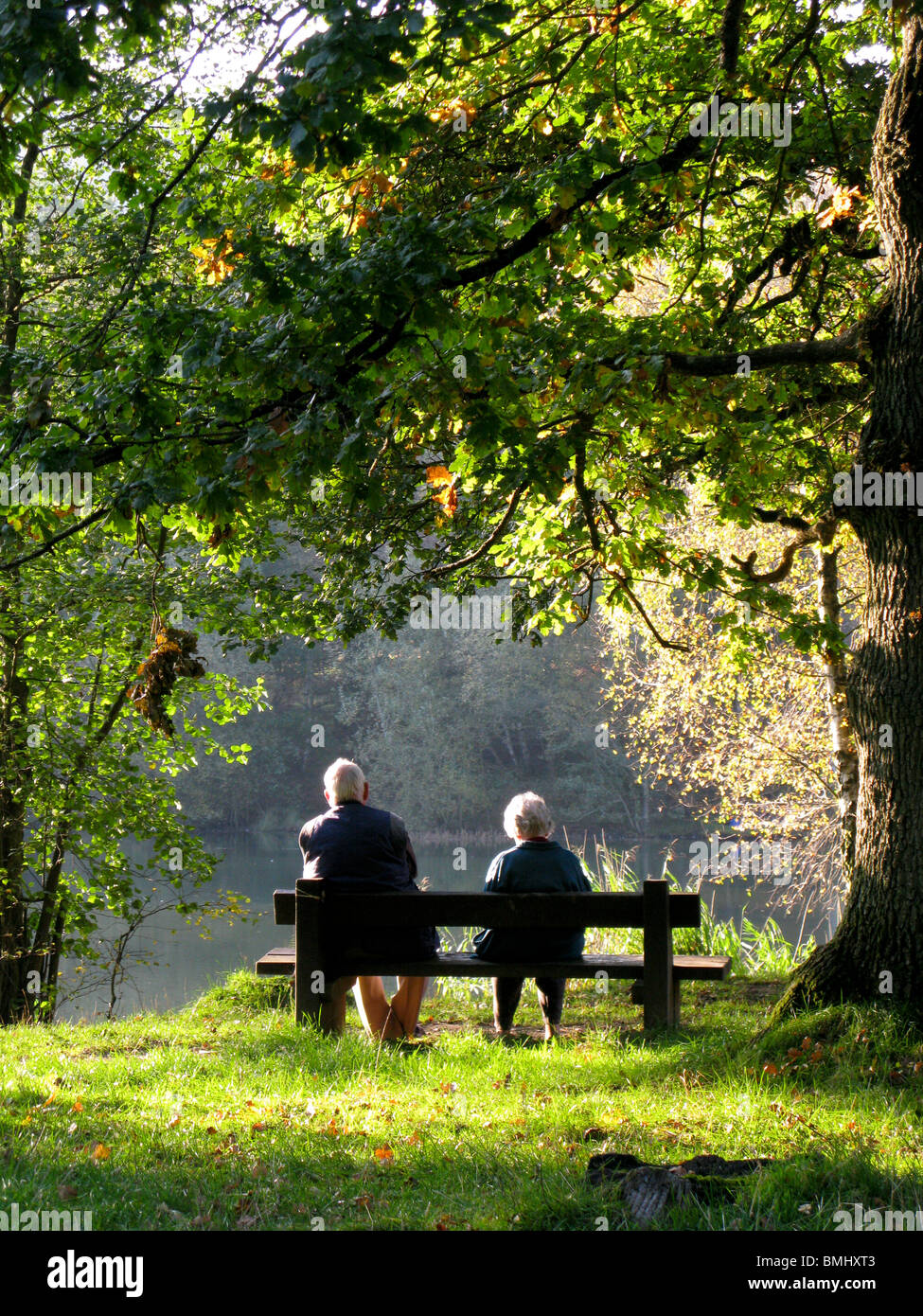 Elderly couple sat on a bench by a lake relaxing Stock Photo - Alamy