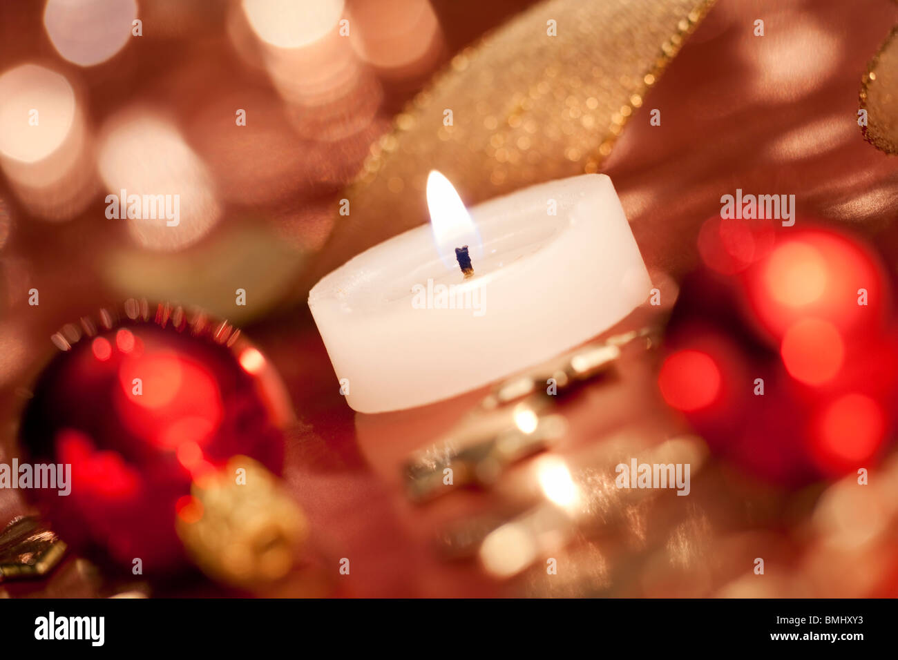 Christmas decoration with tealight. Selective focus, aRGB. Stock Photo