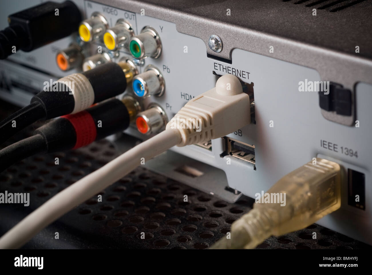 Various ports on the rear of a Verizon Fios set top box are seen on Monday, June 7, 2010. (© Richard B. Levine) Stock Photo