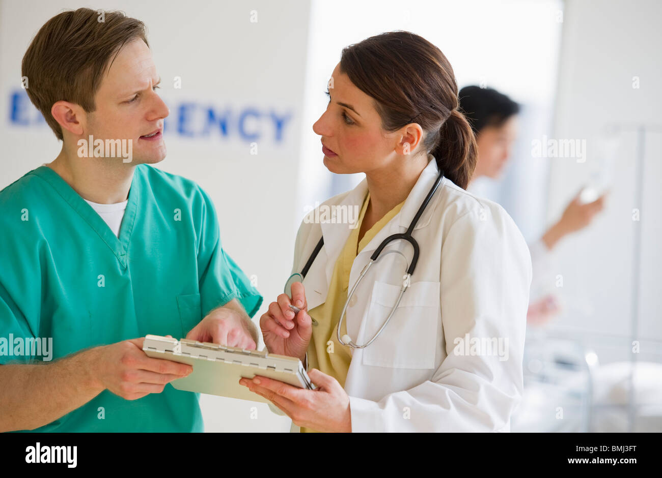 Healthcare workers talking Stock Photo