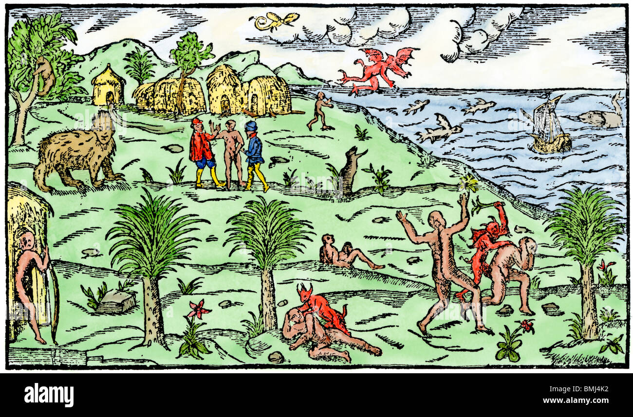Brazil coast natives and New World flora and fauna as known in 1586. Hand-colored woodcut Stock Photo