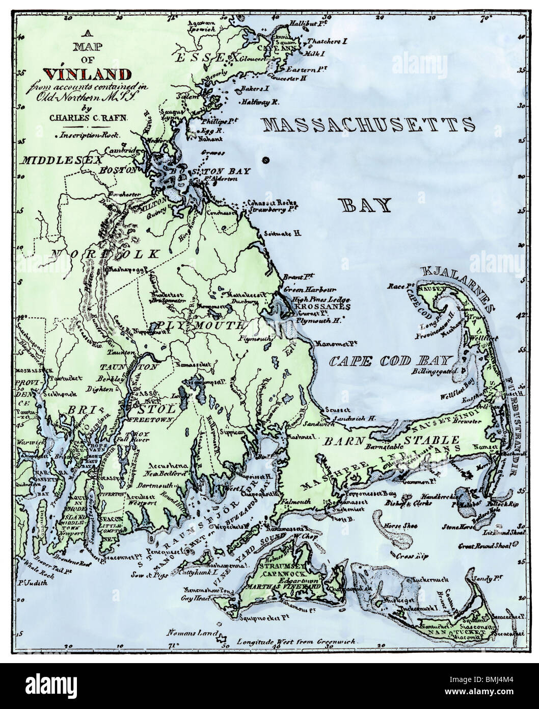 Vinland locations on Cape Cod, as portrayed by Charles Rafn, from accounts in old Norse manuscripts. Hand-colored woodcut Stock Photo