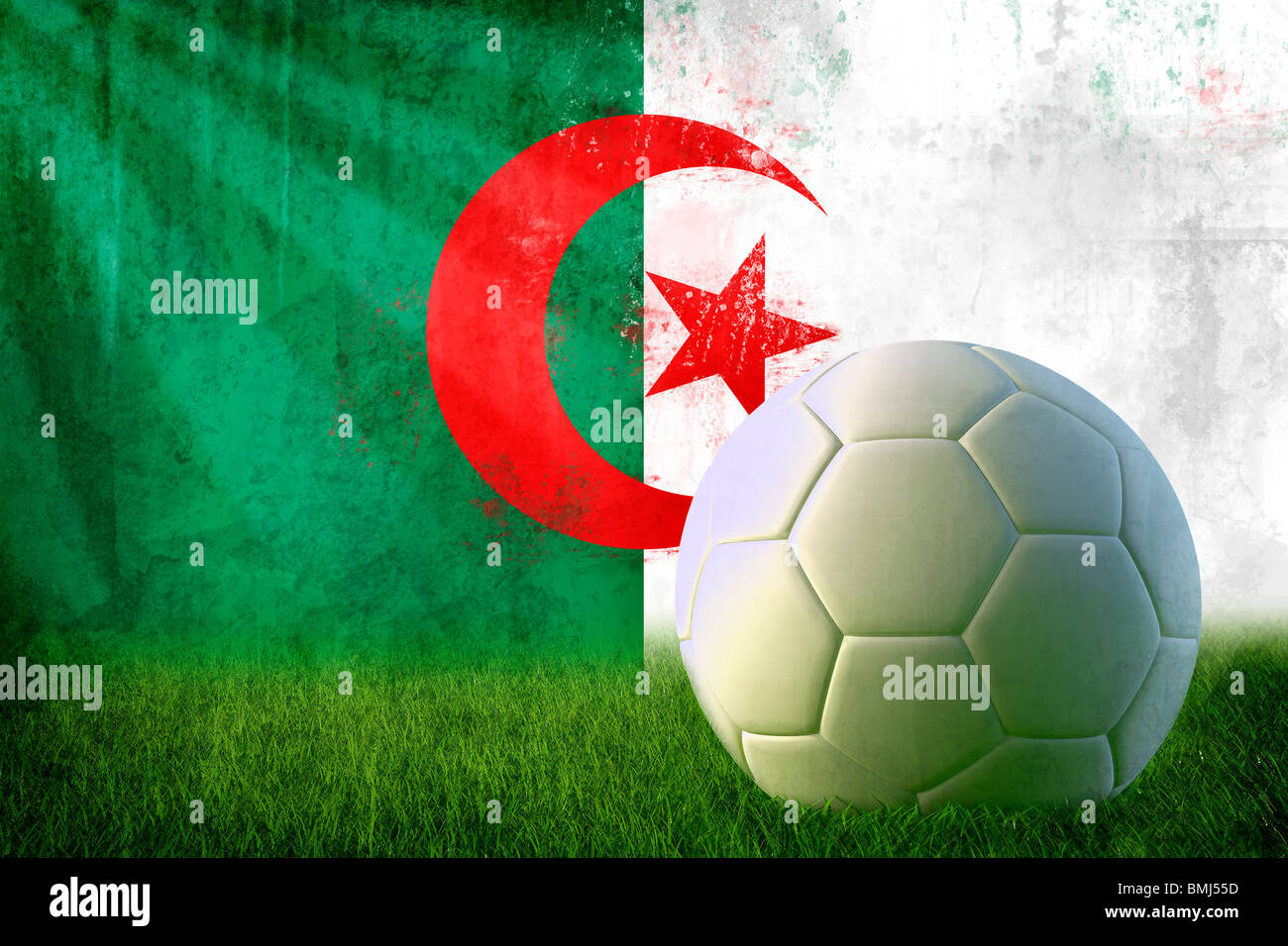 Grunge Algeria flag on wall and soccer ball Stock Photo
