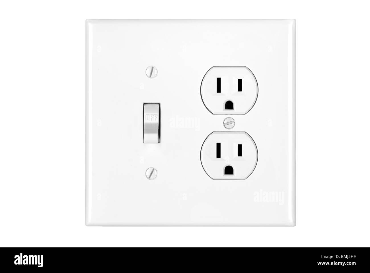 A multi power combination light switch and power outlet isolated on white. Stock Photo