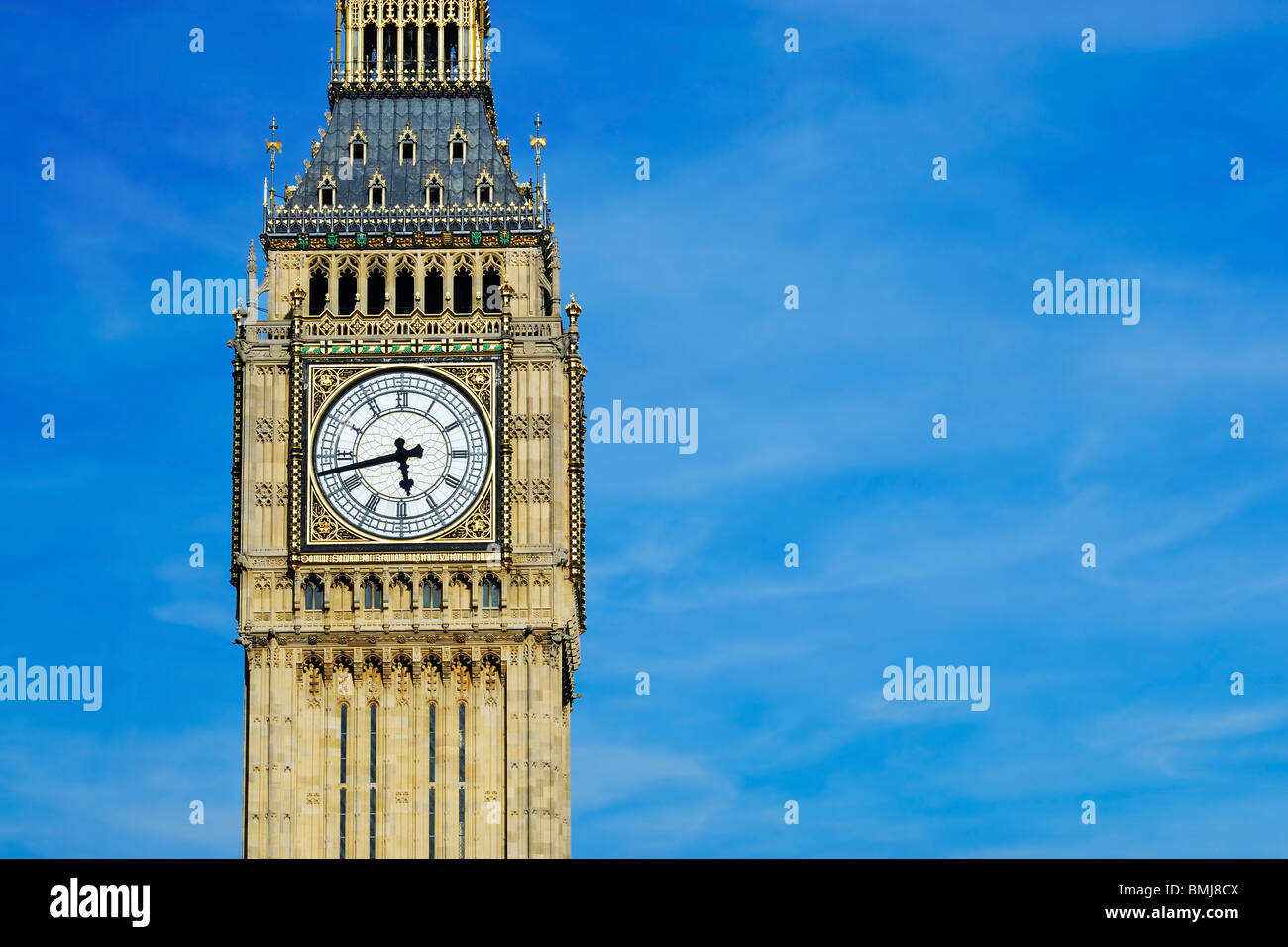Big Ben clock tower, London UK, with blue sky Stock Photo